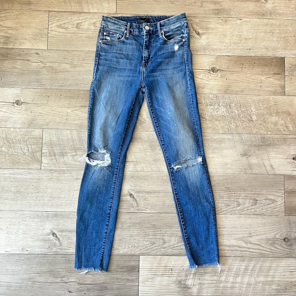 Mother Denim Looker High Waisted Skinny Jeans | Knee Rips, Ankle Fray, Size 25